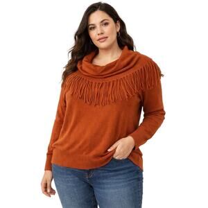 Michael Kors Rust Fringe Cowl Neck Sweater 1X Boho Western Cozy Knit